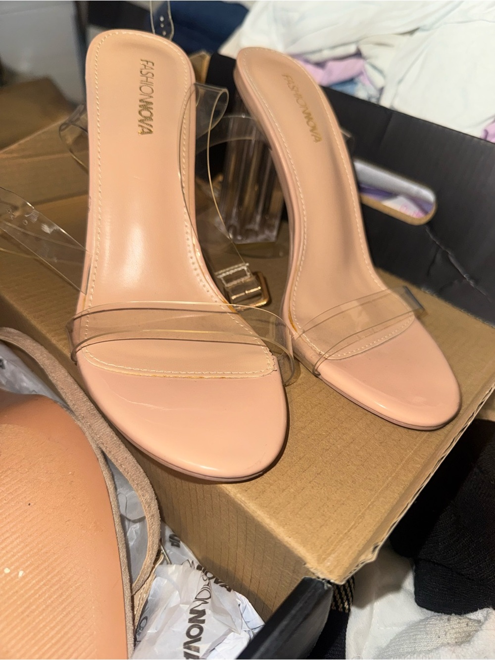 Fashion Nova Blush Clear-Strap Slide Heels
